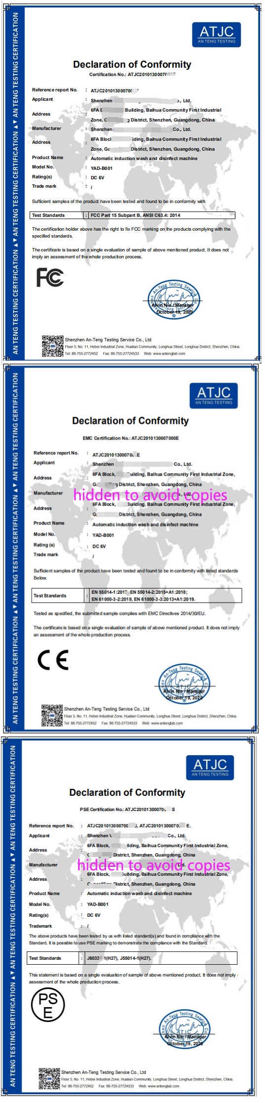 Shenzhen Vision of Light Electronics Co Ltd, YAD-B001 PSE Certification,  YAD-B001 CE Certification, YAD-B001 FCC Certification,