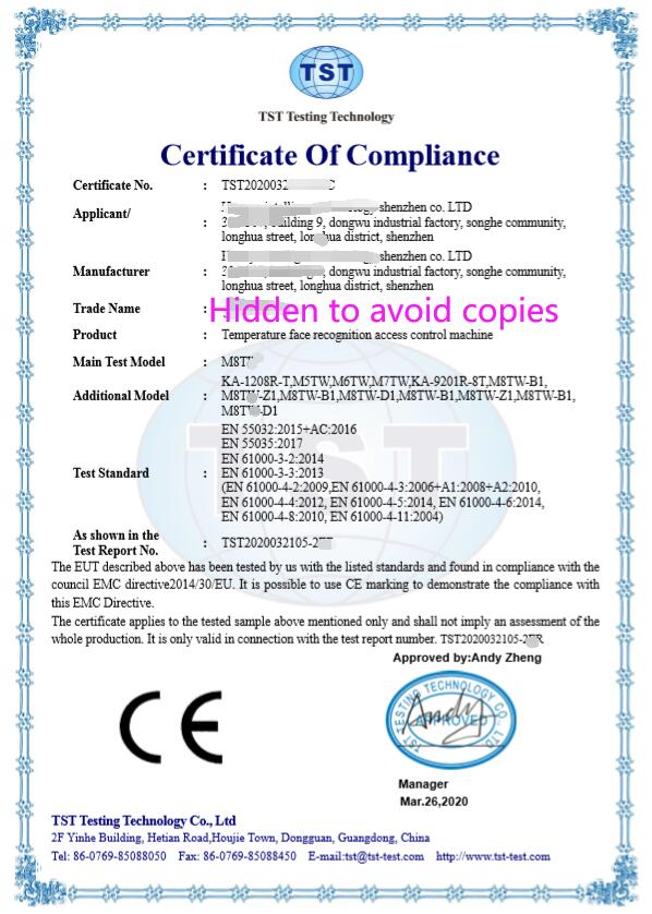 CE Cerfication M8TW Temperature Face Recognition Access Control Machine Huanya Intelligent Technology Shenzhen Co Ltd