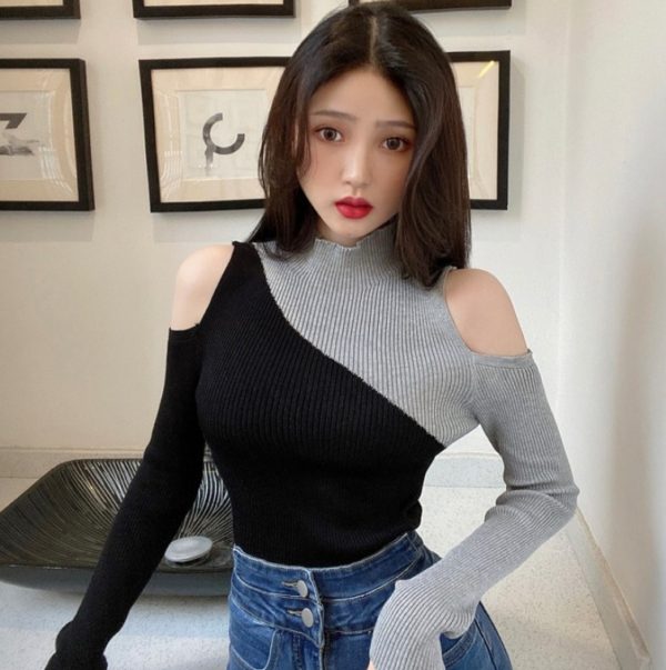 INS New Women Long Sleeve Black Patchwork Knitted Ribbed Pull Sexy Sweater Cold Shoulder Off Top Femme Pullover Clothes Jersey