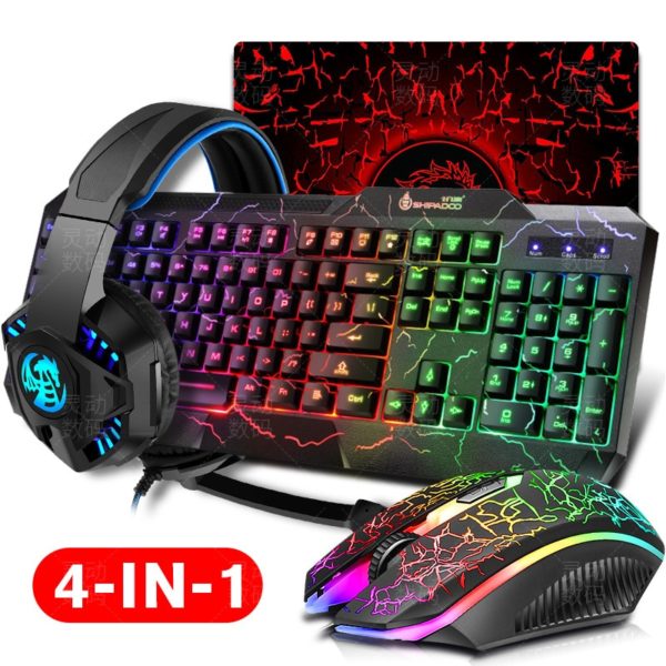 ANKOOL Gaming Keyboard Mouse LED Breathing Backlight Ergonomics Pro Combos USB Wired Full Key Professional Mouse Keyboard 4 In1