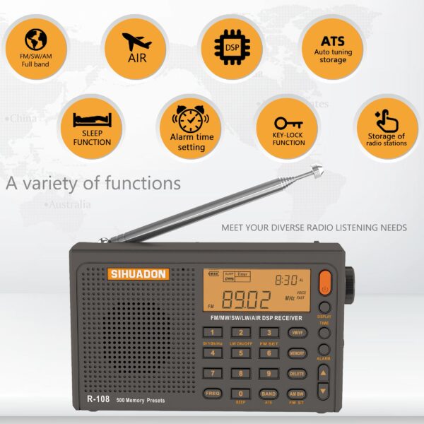 BOSEUS SIHUADON R-108 Radio FM Stereo Digital Portable Radio AM SW Air Radio Receiver Alarm Function Display Clock Temperature Speaker - Image 2