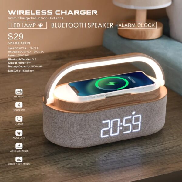 Wireless Fast Charge Digital Alarm Clock Bluetooth Speaker Snooze LED Display Bedroom Light Wireless Speaker Charging Stationr