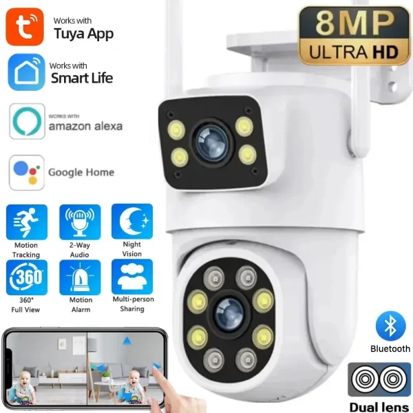 4K 8MP Dual Lens PTZ WIFI Camera Full HD Dual Screen Ai Human Auto Tracking Outdoor 4MP Security Video Surveillance Camera Tuya