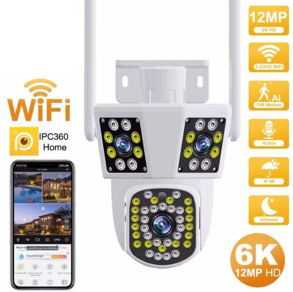 Three Lenses WiFi Camera 12MP Outdoor PTZ Surveillance Camera