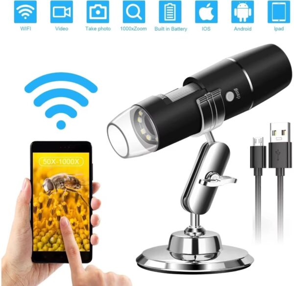 Wireless Digital Microscope 50X-1600X Magnification Watch on Mobile Phone Computer Monitor Table PC