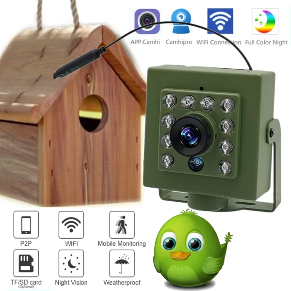 Green Wifi Bird Box Camera Audio 1920P 1080P IR CUT Night Vision RTSP FTP Mini IP IPC Pet Nest Bird Watching 2.8mm lens Camhi