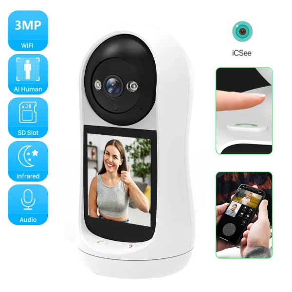 4MP 2K PTZ Wifi Camera Video Call with 2.8 Inch IPS Screen Baby Cry Sound Detection Security IP Camera 3MP Baby Monitor iCSee