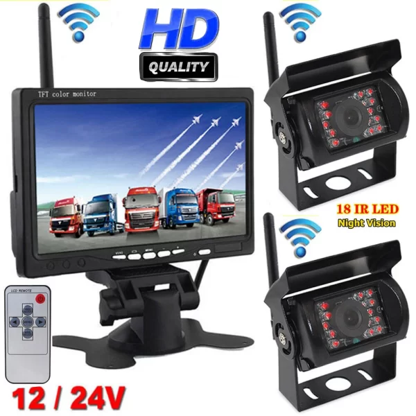 Wireless Dual Rear View Reverse Camera 7" Monitor Kit for Truck Caravan Bus Car