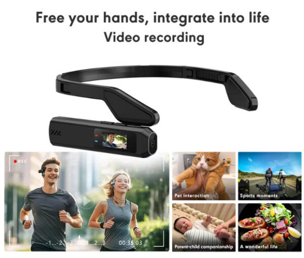 S111 Head Mounted Mini Video Recorder securely attached to eyeglasses, highlighting its ultra-slim profile.